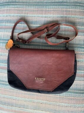R. Riveter Brown Leather & Black cloth Crossbody Bag